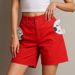 Red High-Waist Korean Streetwear Women’s Cotton Shorts with Side Patch Detail